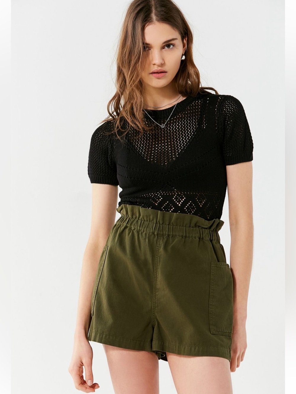 Urban Outfitters Olive High-Waist Paperbag Shorts